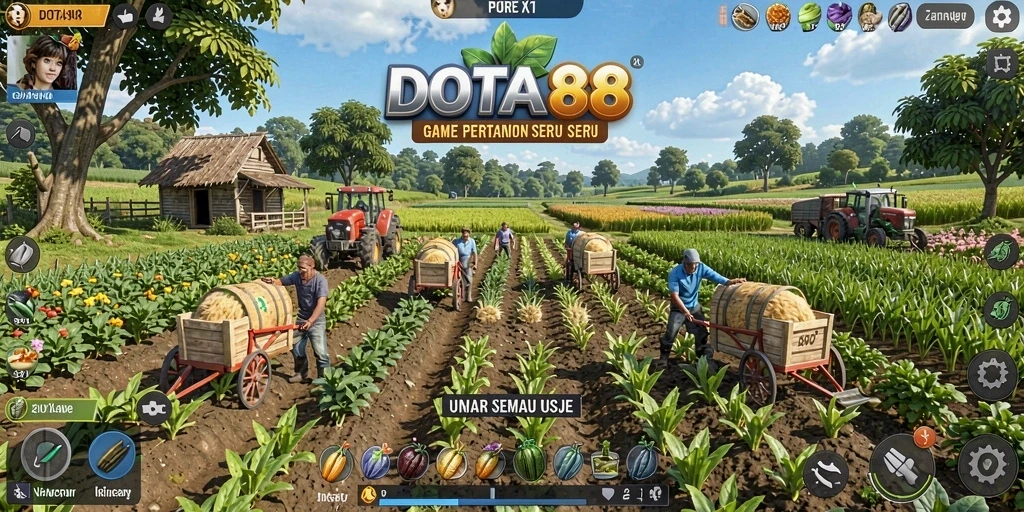 Tangkapan layar DOTA88 menampilkan aksi pertanian yang seru dan interaksi sosial antar pemain.