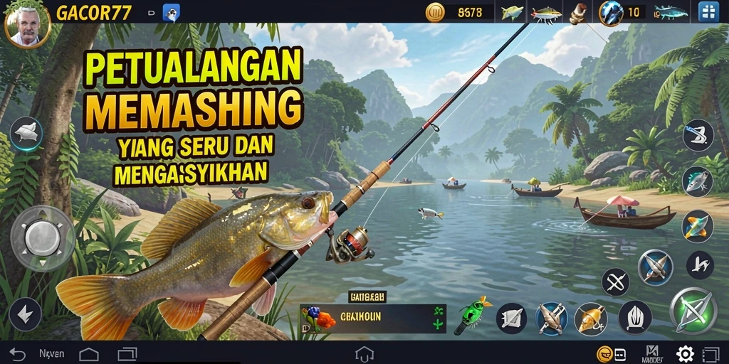 Screenshot gameplay GACOR77 memperlihatkan momen menangkap ikan yang seru.