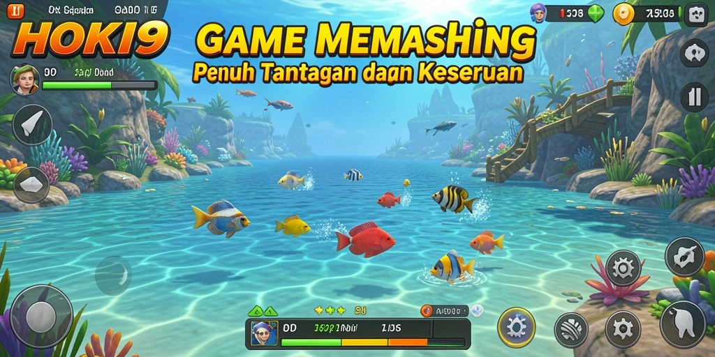 Screenshot HOKI9 menampilkan pemain yang sedang memancing di lokasi indah.