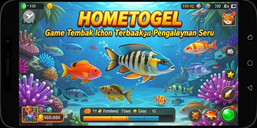 Screenshot permainan HOMETOGEL yang menunjukkan aksi menembak ikan.