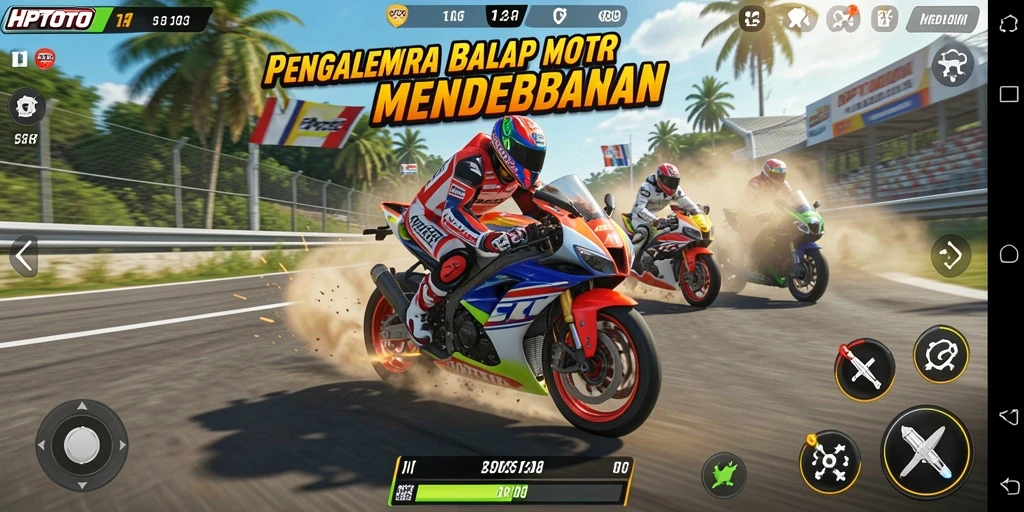 Tampilan gameplay seru HPTOTO dengan balapan motor yang intens.