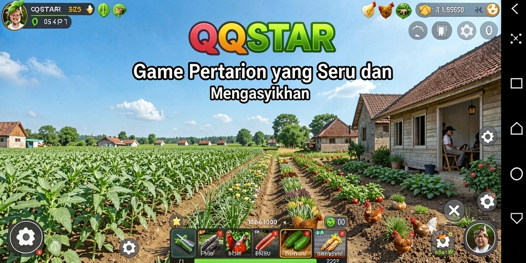 Tampilan gameplay <strong>QQSTAR</strong> yang menarik dengan lahan pertanian yang rapi.